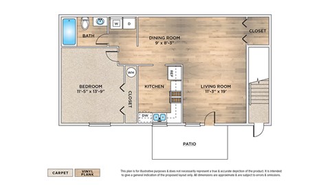 Floor plan for 1 bed, 1 bath, 770 sqft